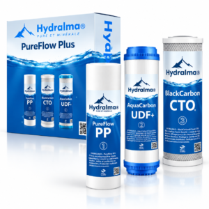 فلاتر جهاز تصفية المياه PureFlow Plus للأوسموزور بثلاث مراحل مع فلتر كربون نشط من جوز الهند لتنقية المياه وحماية الممبران